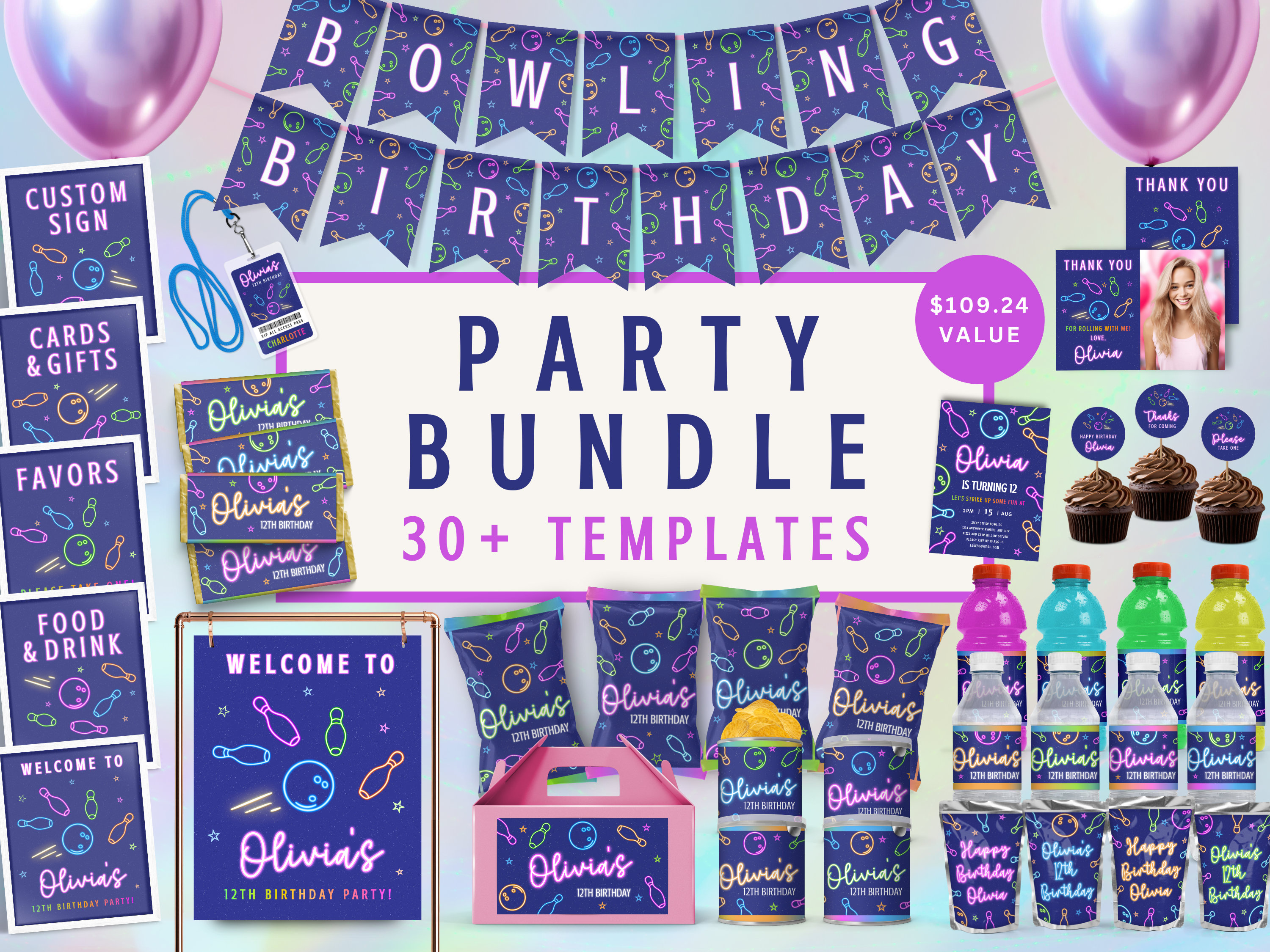 Bowling Party Printables Package For Girl Birthday Editable Neon Glow Decor Kit With Invitation Favors Thank You Tag
