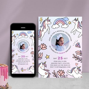 Modello in tela per invito di compleanno con unicorno e arcobaleno con foto, biglietto d'invito elettronico per il 4° compleanno per ragazza scaricabile. U2 Età4