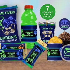 Video Game Themed Birthday Favors, Neon Gaming Controller Favors Kit: Chip Bag, Chocolate Bar, Rice Krispies, Pringles Can, Capri Sun GM1