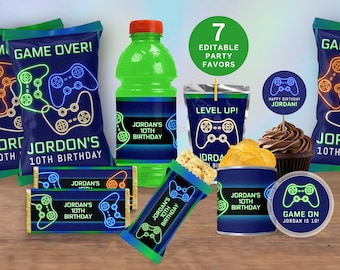 Video Game Themed Birthday Favors, Neon Gaming Controller Favors Kit: Chip Bag, Chocolate Bar, Rice Krispies, Pringles Can, Capri Sun GM1