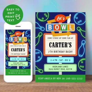 Bowling Birthday Party Invitation Boy, Editable Neon Glow Kids Invite For 7 Year Old, Digital & 4x6 5x7 Printable, Instant Download CB2