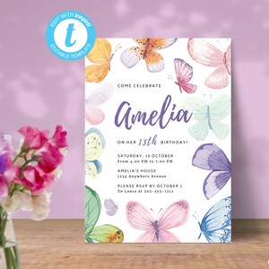 Invito alla festa di compleanno del 13° compleanno per ragazza, invito modificabile in acquerello rosa e viola per adolescenti Download digitale e stampabile BF1