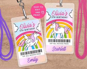 VIP Party Badge For Girl's Unicorn Rainbow Birthday, Editable All Access Pass For Kids, Printable Personalized Favor, Instant Download