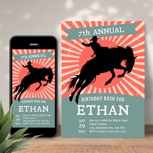 Rodeo Birthday Invitation Template, Editable Wild West Cowboy 7th Birthday Invite, Downloadable Digital + Printable Invitation For Boy RC3