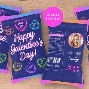 May include: A printable design for a Galentine's Day treat bag featuring a blue background with pink, yellow, and green candy hearts. The bag has the text "Happy Galentine's Day!" and "Love From Emily" with a space for a photo.