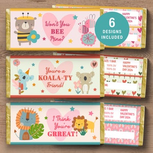 Valentinstag-Schokoriegelverpackung, bearbeitbare, druckbare Bonbonetiketten mit Tiermotiven für Valentinsgrüße im Klassenzimmer von Kindern, Geschenke für Lehrer und Partygeschenke