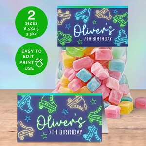 May include: A printable party favour tag with a blue background and neon green roller skate designs. The tag says "Oliver's 7th Birthday".