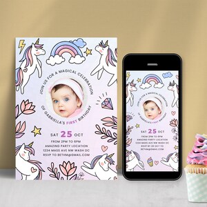 Modelo de Canva de convite de aniversário de primeiro aniversário de unicórnio e arco-íris com foto, cartão de convite eletrônico para download para menina. U2 Idade 1
