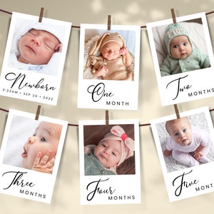 Décoration de fête minimaliste bannière photo premier anniversaire, cartes d'étape mensuelles 1ère année de bébé modifiables, guirlande photo moderne imprimable SE1