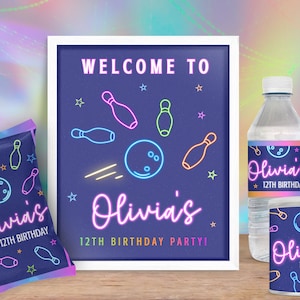 Bowling Welcome Sign For Kids&#39; & Teens&#39; Birthday Party Decoration, Neon Glow Editable Printable Table + Easel Signs For Guest Greeting NB1