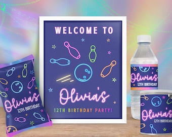 Letrero de bienvenida de bolos para decoración de fiesta de cumpleaños de niños y adolescentes, mesa imprimible editable con brillo de neón + letreros de caballete para saludo de invitados NB1