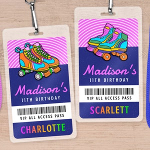 Roller Skating Birthday Party VIP Badge For Girl, Editable Neon Glow All Access Pass For Kids & Teens, Printable Personalized Favor SK3