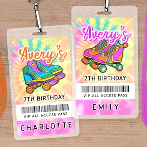 Rollschuh-VIP-Abzeichen für die Geburtstagsfeier des Mädchens, bearbeitbarer Neon-Tie-Dye-All-Access-Pass für Kinder und Jugendliche, druckbares personalisiertes Favor SK6