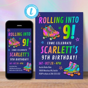 80s Skate Party Invitation For 9th Birthday, Editable Neon Disco Roller Skating Invite For 9 Year Old Girl, Digital & Printable Download SK5