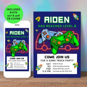 Può includere: Invito alla festa di compleanno di Aiden per il livello 8. Il design presenta uno sfondo blu con un camion di gioco e controller in stile neon. L'invito include il testo "Unisciti a noi per una festa di camion di gioco!"