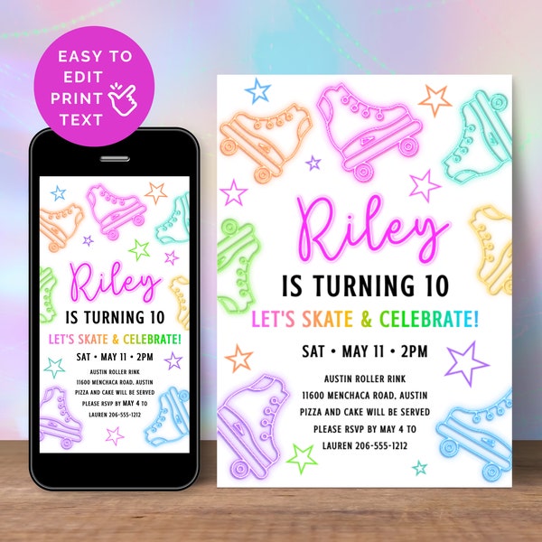 Roller Skating Party Invitation For Girl's Birthday, Neon Glow Ink Saving 4x6 5x7 Printable Invites + Digital Evite, Instant Download SKW