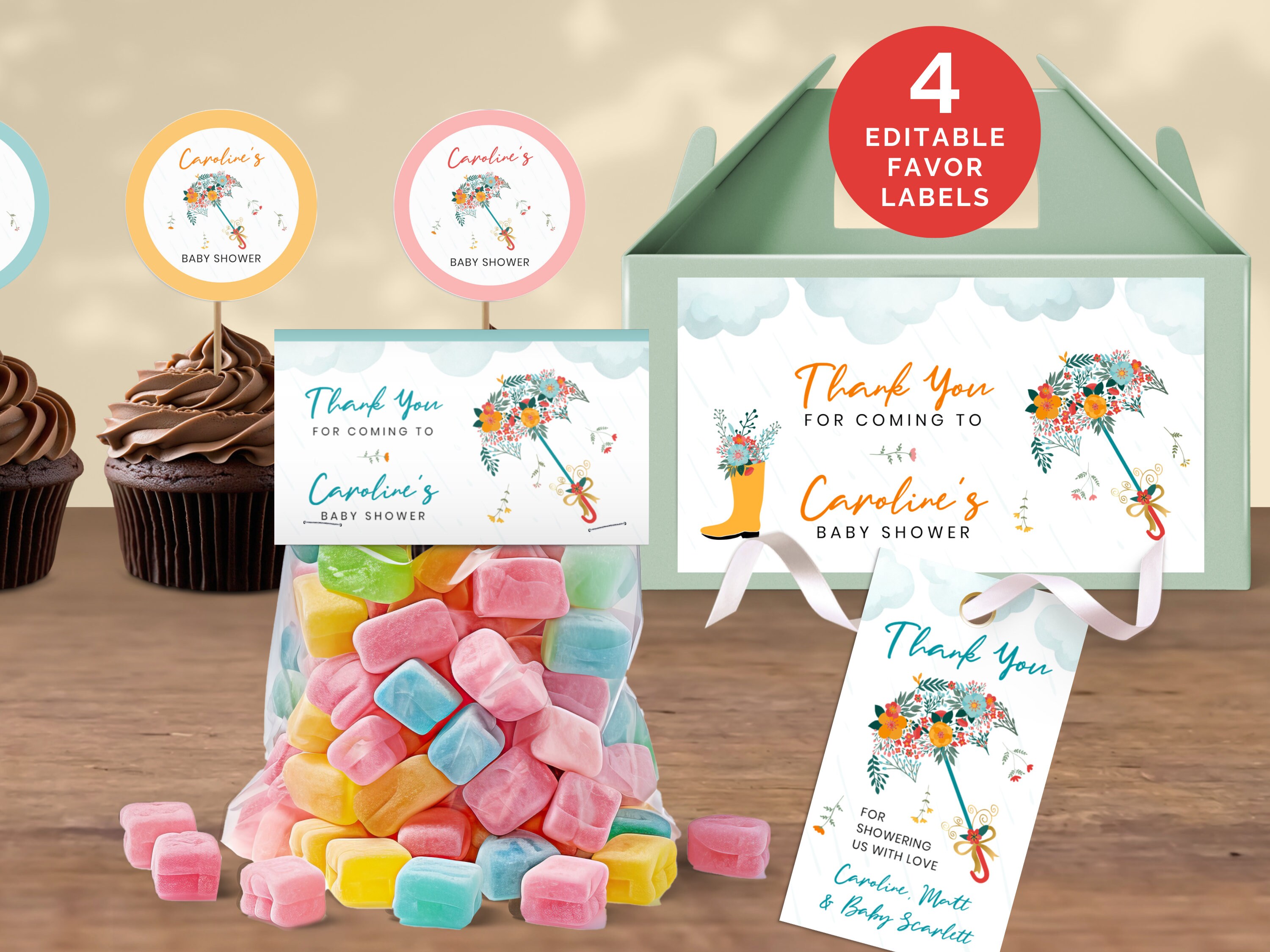 April Showers Bring May Flowers Baby Shower Favor Bag & Cupcake Toppers, Gable Box Labels, Thank You Gift Tags. Editable + Printable AS1