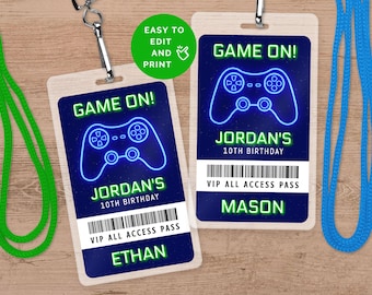 May include: Two blue and green gamer themed birthday party badges with a neon green gamepad icon and the text "GAME ON!"  The top badge has the name "MASON" and the bottom badge has the name "ETHAN".