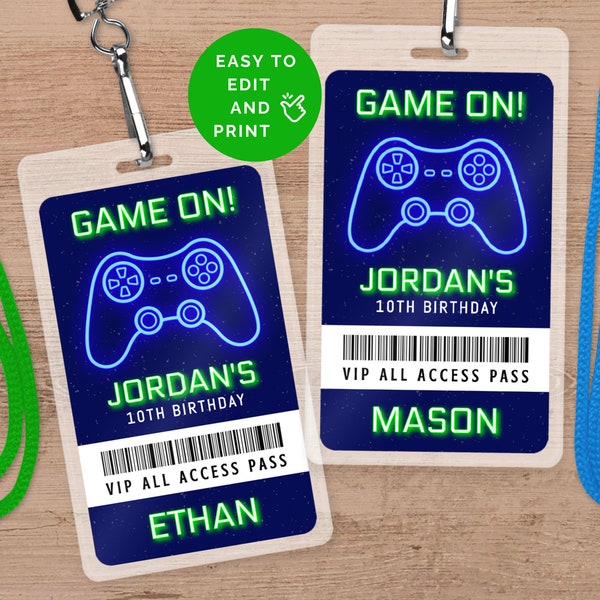 Video Game VIP Birthday Party Pass, Personalized Kids & Teens Neon Glow All Access Badge For Arcade Or Gaming Truck, Printable Download GM1