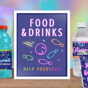 Food And Drinks Sign For Bowling Birthday Party, Neon Glow Please Help Yourself 8x10 Table Sign For Buffet, Editable Printable Download NB1