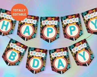 Banner de fiesta de skate para niños y adolescentes, banner de feliz cumpleaños decoración de patinaje sobre ruedas de neón retro niño o niña, descarga imprimible editable SK8a