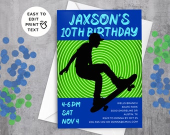 May include: A blue and green birthday invitation with a silhouette of a person skateboarding. The text reads "Jaxson's 10th Birthday" and includes the date and time of the party.