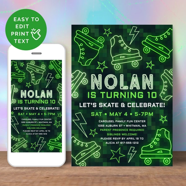 Roller Skate Party Invitation Boy, Neon Green Video Game Theme Skating Birthday Invite For Kids, Digital & 5x7 4x6 Printable Download SKV