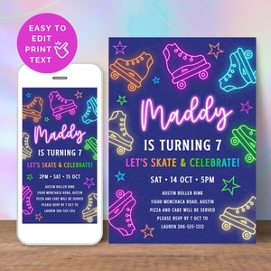 Skating Birthday Party Invitation Template For Girl, Editable Printable Neon Glow Roller Skate Invite For 7 Year Old, Digital Download SK4