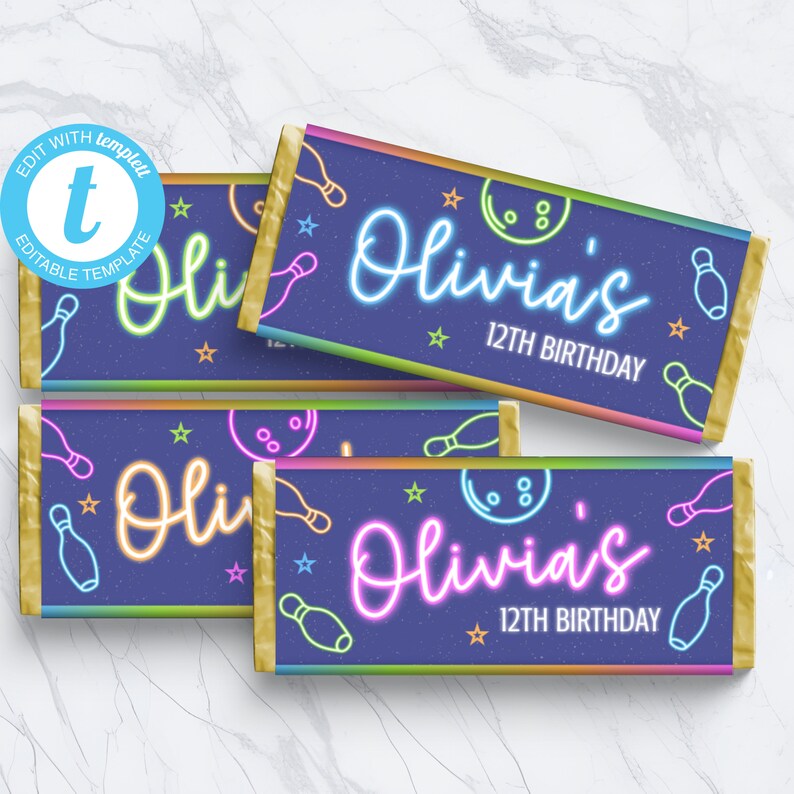 Bowling Party Favors Printable Neon Glow Birthday Chocolate - Etsy