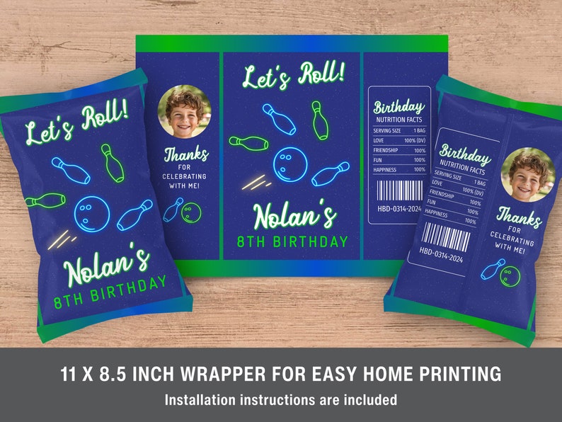 Bowling Party Chip Bag Template for Boy's Birthday Favor, Neon Glow
