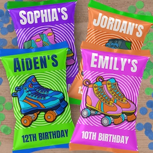 May include: Four colorful party favor bags with roller skate designs and personalized names. The bags are green, purple, orange, and pink with white text. The text on the bags reads "Sophia's", "Jordan's", "Aiden's", and "Emily's".