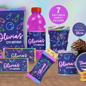 Bowling Birthday Party Printables Bundle For Girl, Neon Glow Bowling Party Favor Pack For Kids&#39; Goody Bags, Editable Personalized Treats NB1
