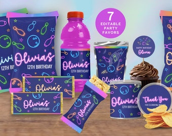 Bowling Birthday Party Printables Bundle For Girl, Neon Glow Bowling Party Favor Pack For Kids&#39; Goody Bags, Editable Personalized Treats NB1
