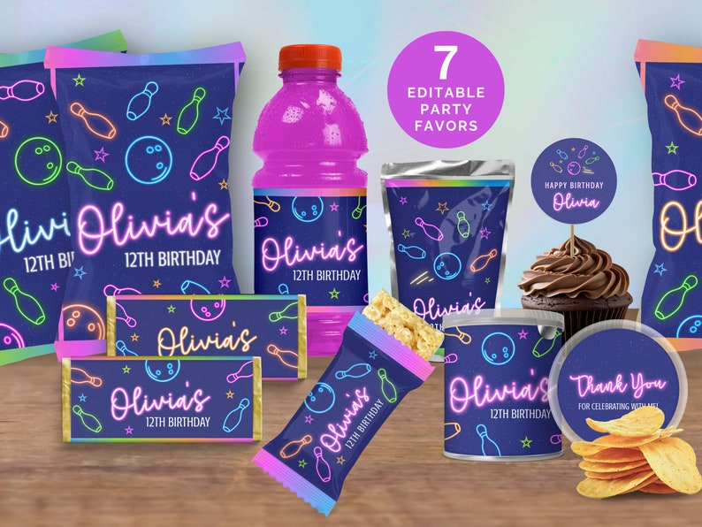 Bowling Birthday Party Printables Bundle for Girl, Neon Glow Bowling ...