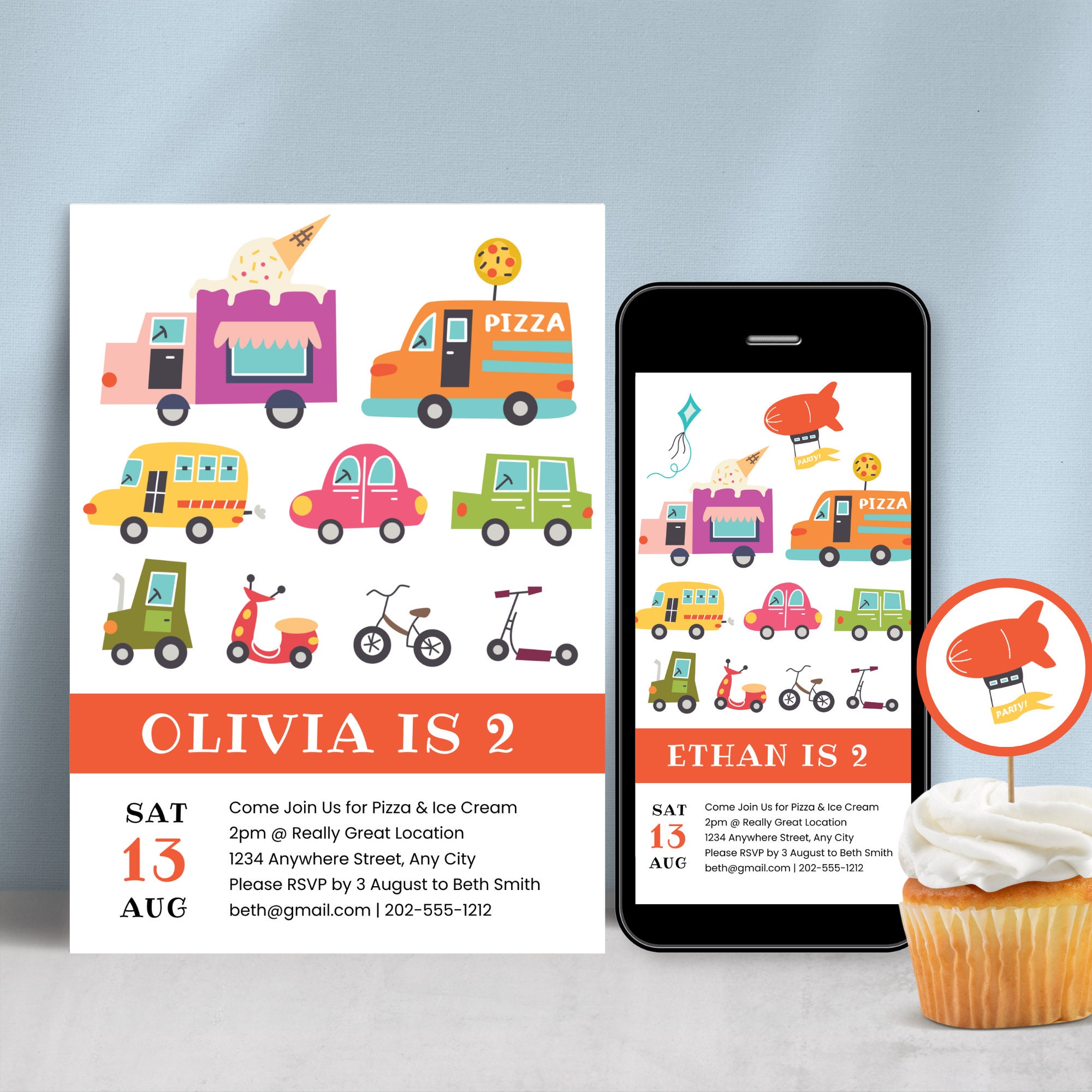 Cars Theme Birthday Party Printable Invitation Canva Template For Boy or Girl Digital Pizza Ice Cream Party Invite For 2nd