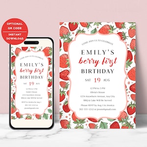 May include: A printable invitation for a first birthday party with a strawberry theme. The invitation features a red and green strawberry pattern and the text "Emily's berry first birthday" with the date "Sat 19 Aug".