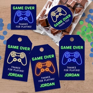 Videospiel Party Favor Tags für Jungen Geburtstag, bearbeitbare Neon Glow Game Truck oder Arcade Party Dankeschön Tags für Kinder, digitaler Download GM1
