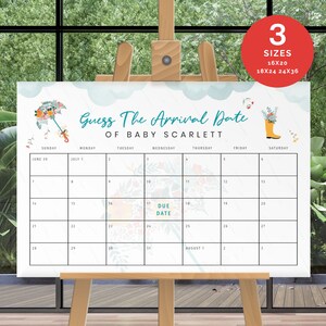 Adivina el cartel de la fecha de vencimiento del bebé, las lluvias de abril traen el juego de calendario de flores de mayo para el baby shower, signo de paraguas floral imprimible editable AS1