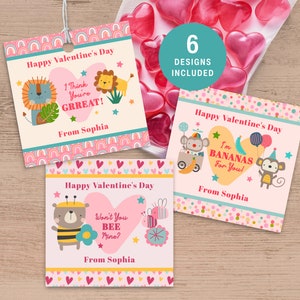Valentinstag-Tags für Kleinkinder und Kinder, personalisierte quadratische Karte mit Tier-Wortspielen, Tags oder Aufkleber für Klassenzimmer, Lehrergeschenke oder Partygeschenke