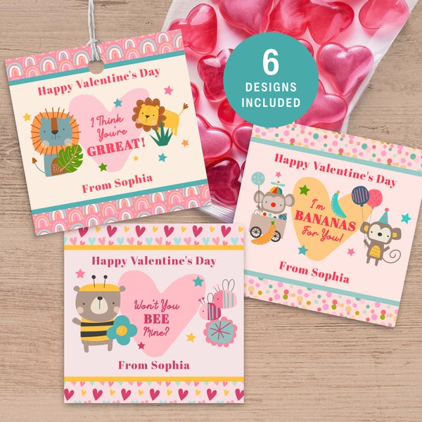 Valentine's Day Tags Toddlers & Kids, Personalized Animal Puns Square Card, Tags Or Stickers For Classrooms, Teacher Gifts Or Party Favors