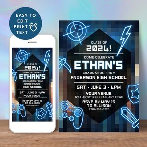 May include: A blue and black pixelated graduation invitation with neon blue accents. The invitation says "Class of 2024! Come Celebrate Ethan's Graduation from Anderson High School" with the date and time of the event. The invitation also includes a variety of video game icons.