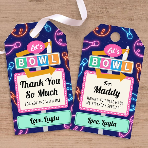 Bowling Party Thank You Tags For Girl, Personalized Retro Neon Let's Bowl Birthday Tags For Kids Favor Bags, Editable Printable Download CB1