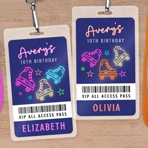 VIP-verjaardagspas voor rolschaatsen, Neon Glow All Access Badge-sjabloon voor meisje, gepersonaliseerde afdrukbare VIP-kaart voor gasten SK4