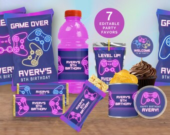 Video Game Themed Birthday Favors, Girl&#39;s Neon Gaming Controller Favors Kit: Chip Bag, Chocolate Bar, Rice Krispies, Pringles, Capri Sun GM3