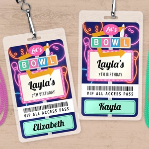 Plantilla de insignia VIP para fiesta de cumpleaños de niños, pase de acceso completo de bolos de neón personalizado para niñas, imprimible editable, descarga instantánea CB1