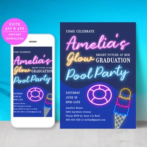 Graduation Pool Party Invite For Her, Downloadable Neon Glow Pool Party Digital Invitation Template W/ Photo For High School + College Grad