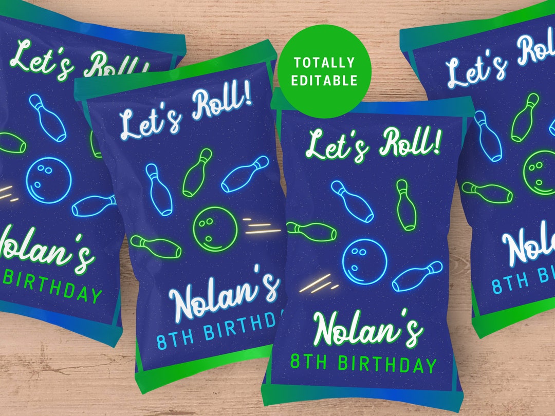 Bowling Party Chip Bag Template for Boy's Birthday Favor, Neon Glow