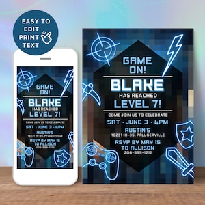 May include: A blue and black pixelated invitation with neon blue text. The invitation says "Game On! Blake has reached Level 7!" and includes details for a birthday party.