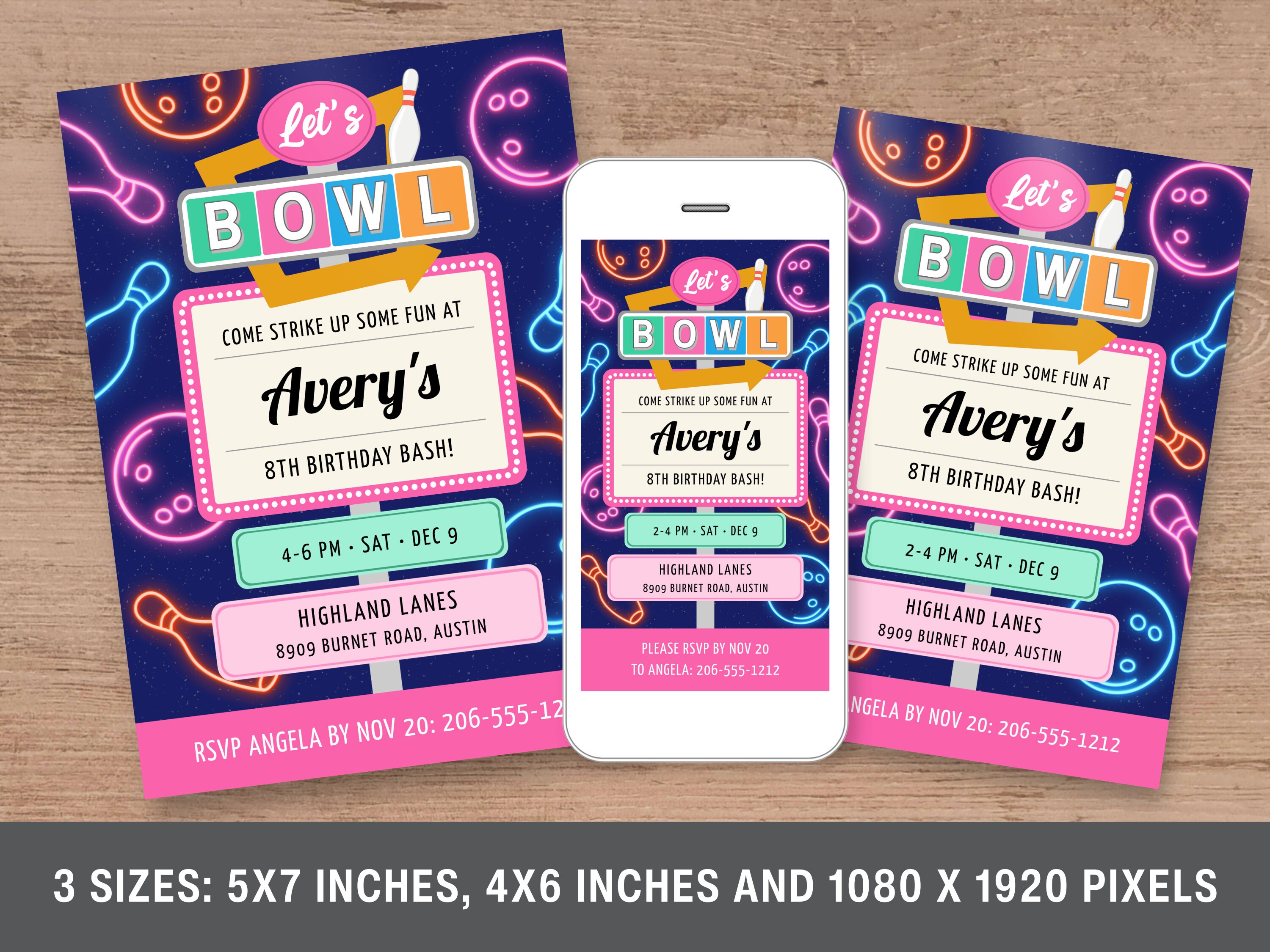 Bowling Birthday Invite Template for Girl, Printable & Digital