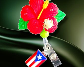 Flor maga amapola de.puerto rico badge reel new style ID holder 3d flor con coqui